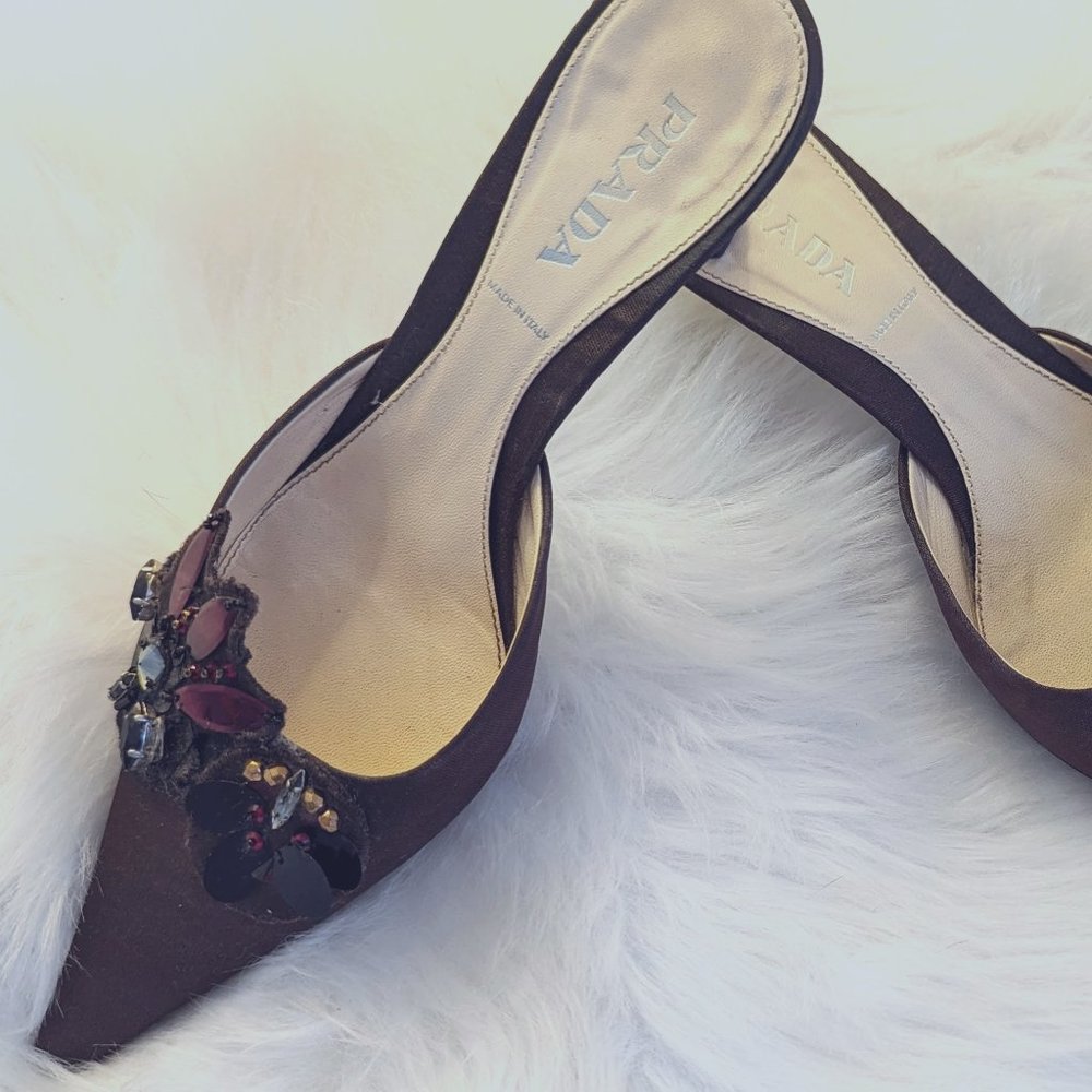Vintage Prada Italy Chocolate Brown Jeweled Satin Mules Size 38.5